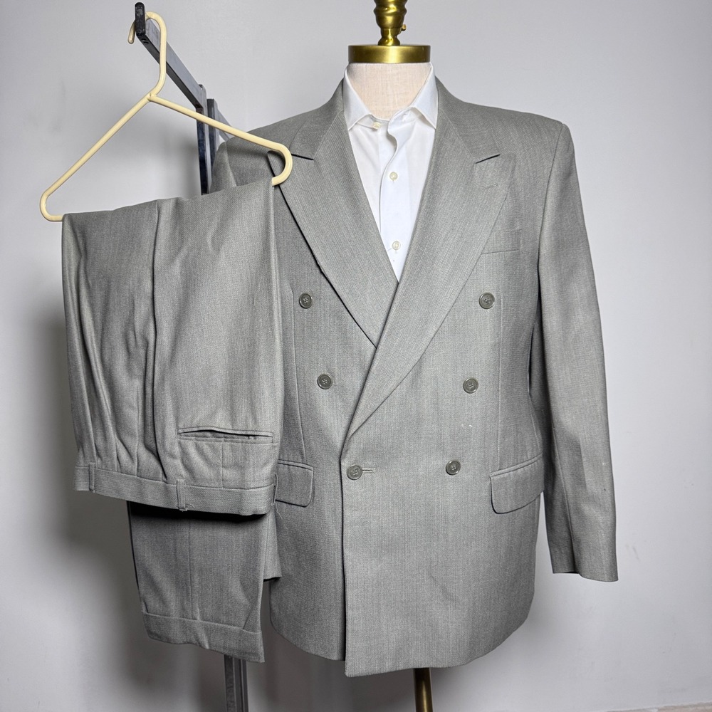Vintage Jones New York Mens Gray Wool Solid Double Breasted Suit 41R 30W